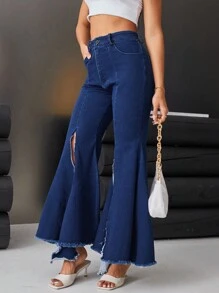 GENKIRA Pantalon Évasé Asymétrique En Denim Fendu - Jean brut - Voir 4