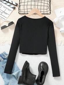 Tween Girl 针织纯色蝴蝶图案缺口 V 领休闲 T 恤 - 黑色 - 查看 2