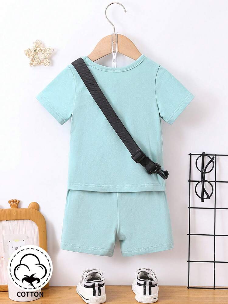 Baby Boy Letter Print Short Sleeve T-Shirt And Shorts Set With Shoulder Bag For Streetwear Fashion