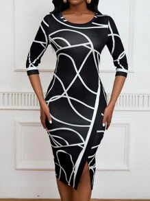 SHEIN Lady Women's All Over Print Round Neck Split Bodycon Dress - Black - View 4