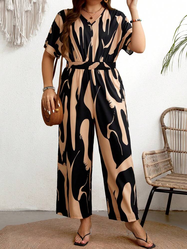 Plus Size Women's Full Print Batwing Sleeve Jumpsuit