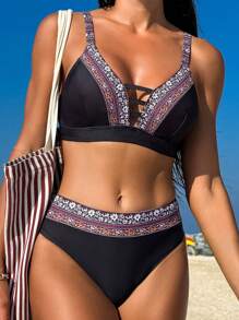 SHEIN Swim 夏季女士拼接编织肩带镂空比基尼套装 - 黑色 - 查看 2