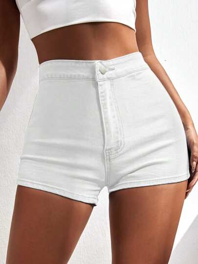 SHEIN ICON Ladies' Solid Color Simple Style Denim Shorts