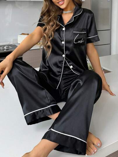 LuxeNights Ensemble de pyjama pour femmes avec haut à manches courtes avec poche brodée de lettres à passepoil contrastant et pantalon