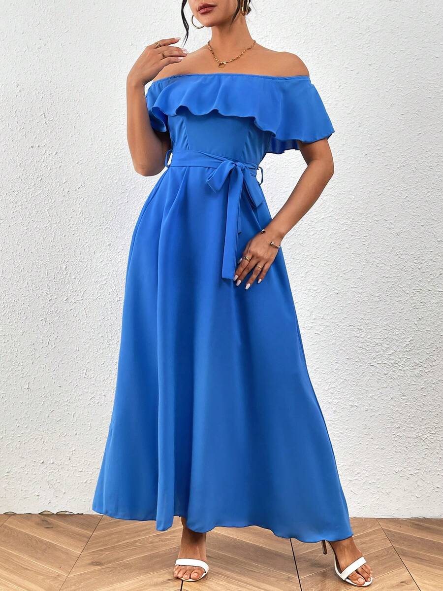 Chiquease 女式純色露肩荷葉邊裝飾腰部束緊連衣裙 - 藍色 - 查看 1