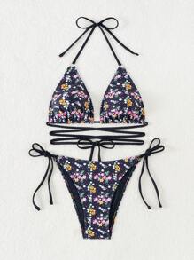 SHEIN Swim Women's Floral Printed Halter Neck Tie Bikini Set Music Festival Summer Beach