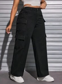 SHEIN SXY 女士加大碼翻蓋口口袋牛仔褲 - 黑色 - 查看 1