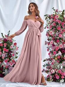 Faeriesty Off Shoulder Split Thigh Belted Dress Elegant Bridesmaid Dress - Dusty Pink - View 3