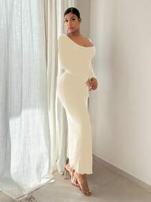 SHEIN SXY 純色高開叉針織毛衣洋裝 - 米色 - 查看 3