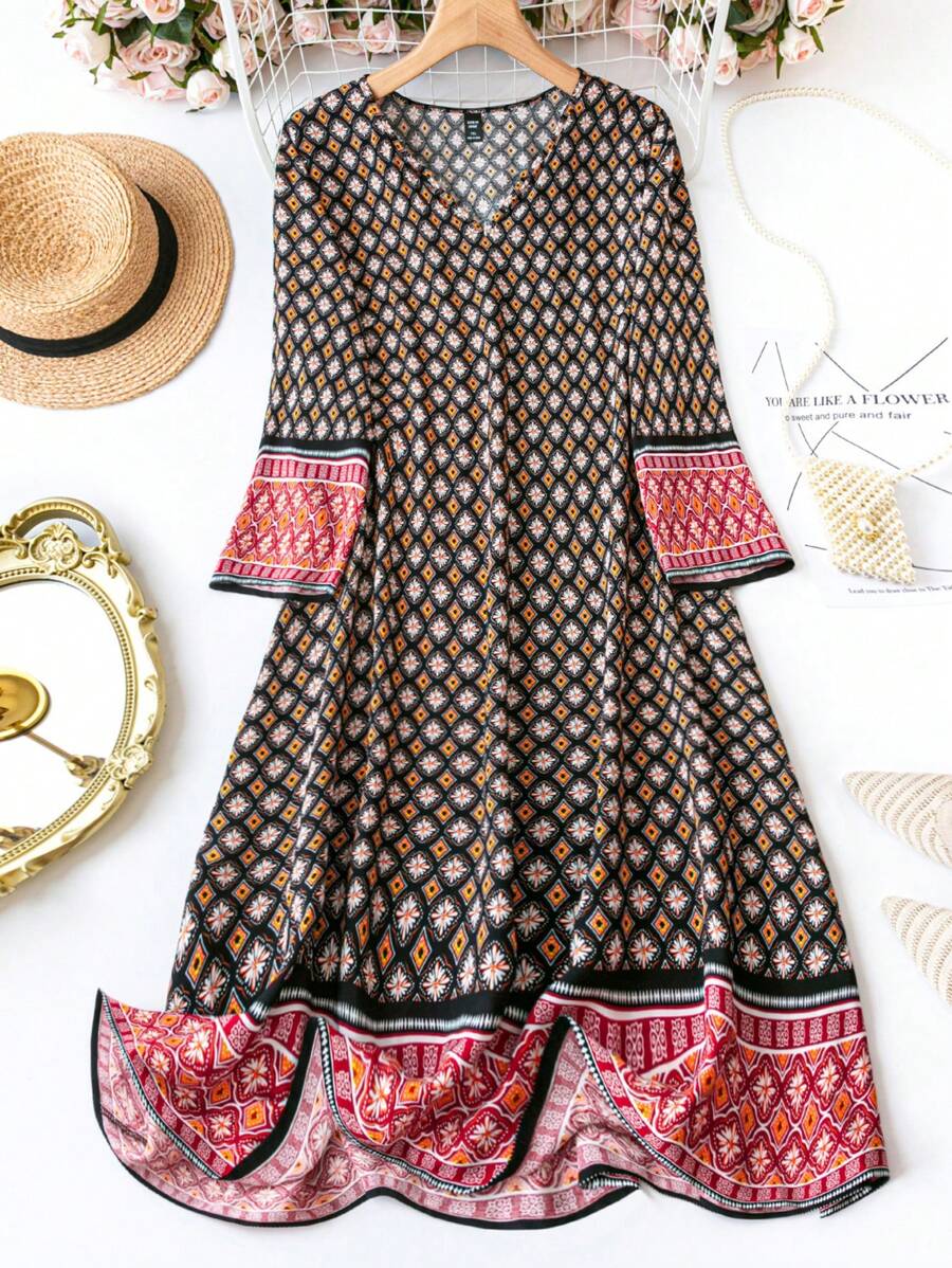 SHEIN LUNE 大尺碼女士幾何和花卉印花長袖連衣裙 - 彩色 - 查看 1