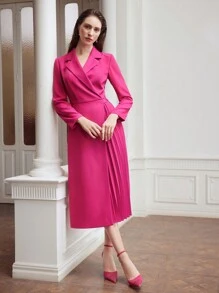 MOTF PREMIUM WOMEN'S PLEATED A-LINE DRESS WITH POINTED COLLAR, WOVEN FABRIC - Hot Pink - View 6