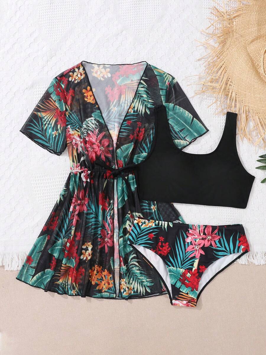SHEIN Teen Girl Tropical Plant & Floral Print Bikini Set 3pcs/Set Summer Beach - Green - View 1