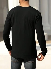 Camisa De Manga Larga Para Hombre De Color Sólido - Negro - Ver 2