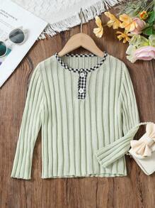 Young Boy Color Block Gingham Decorated Casual Sweater - Green - View 1