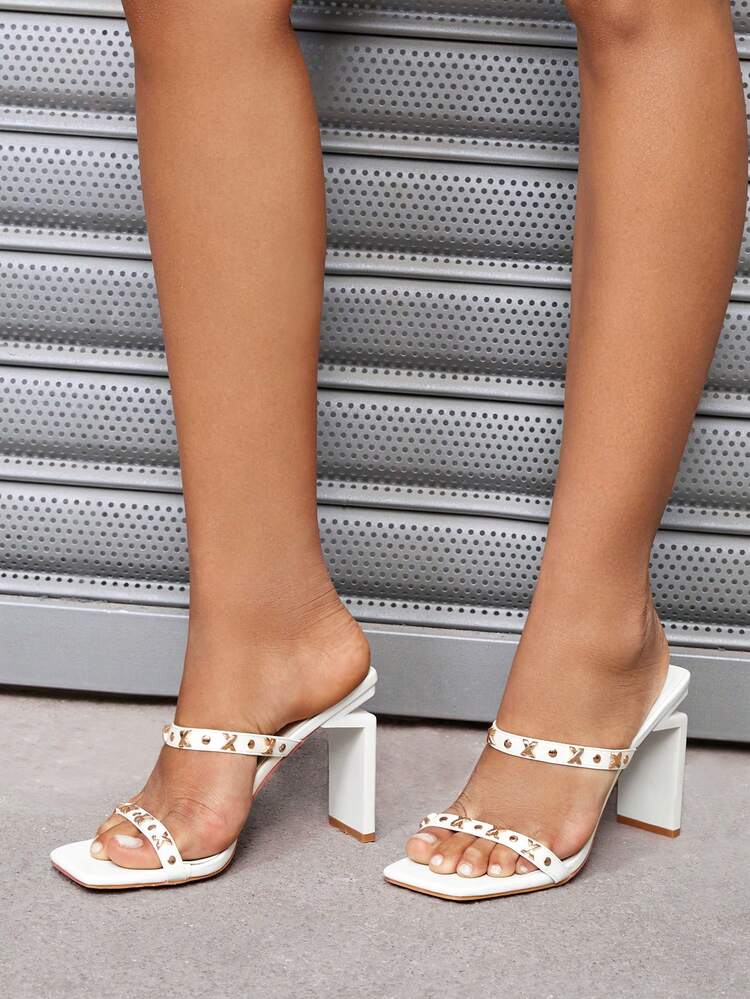 Metal Detail Square Toe Sculptural Heeled Sandals