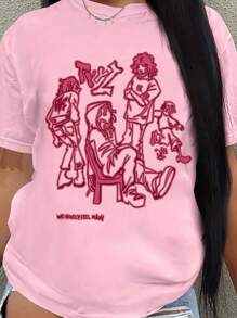 SHEIN Áo thun tay ngắn in hình chân dung cỡ lớn cho nữ Áo thun họa tiết cho nữ - Hồng - Xem 1