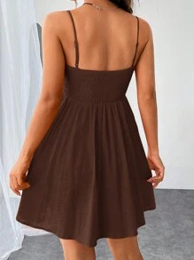 SHEIN EZwear Vestido De Tirantes Con Pliegues Sólidos Para Mujeres - Marrón - Ver 2