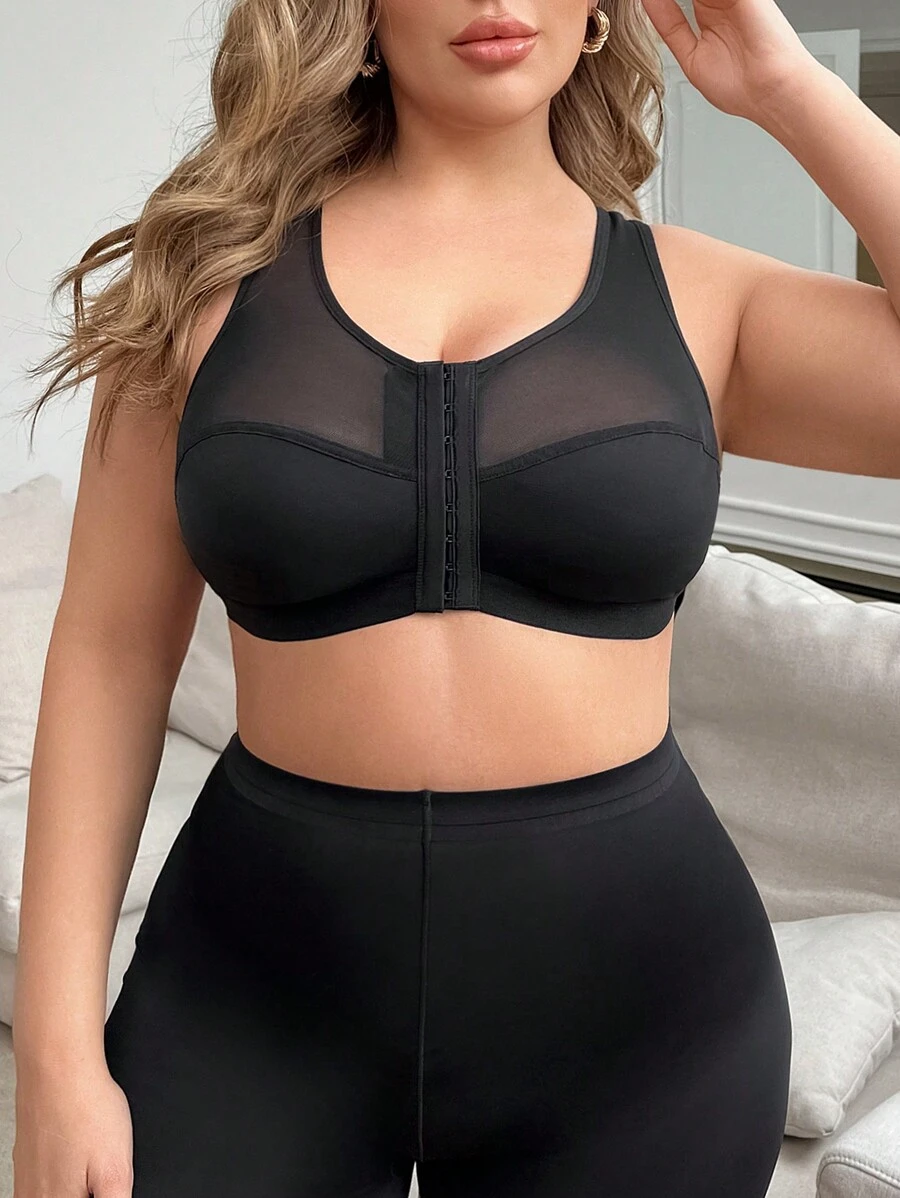 Plus Size Front Hook Closure Wireless Mesh Contrast Brassiere Lingerie - Black - View 1