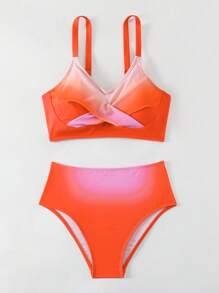 SHEIN Swim Ladies' Gradient Round Neck Bikini Set Valentine Summer - Orange - View 8