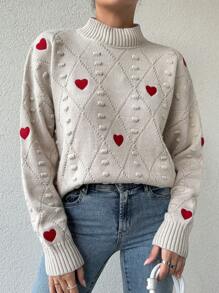 EURMUSE Women's Love Heart Embroidery Stand Collar Sweater - Beige - View 1