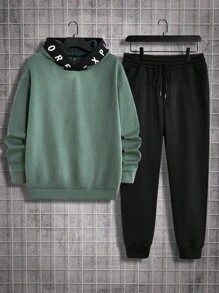 Manfinity VCAY Men's Plus Size Color Blocking Letter Panel Hoodie And Knitted Joggers Set, Casual Sportswear, For Fall Winter - Multicolor - View 4