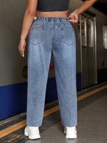 SHEIN EZwear Women'S Plus Size Straight Leg Jeans - Dark Wash - View 2