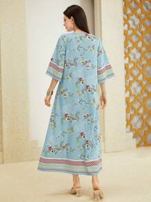 Al Najma 女式几何花卉印花流苏连衣裙，阿拉伯风格，端庄大方 - 藍色 - 查看 2