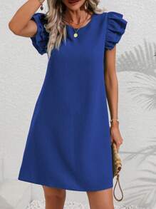 Breezaya Round Neck Double Layer Ruffle Sleeve Dress Vacation Beach Outfits Women - Blue - View 4