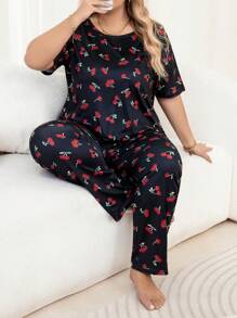 SHEIN 大码女式全身樱桃印花上衣和裤子睡衣套装 - 黑色 - 查看 1