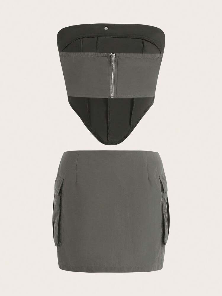 Women's Bodycon Strapless Top With Curved Hem & Utility Pocket Skirt Set, Ideal For Spring/Summer Outfit