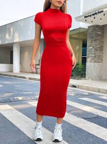 SHEIN EZwear Vestido De Punto Ajustado Y De Medio Manga - Rojo - Ver 5