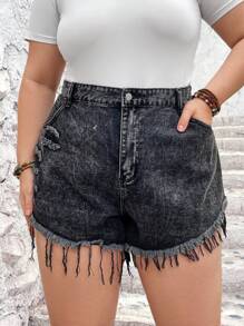 SHEIN CURVE+ Plus Size Women'S Black Elastic-Free Casual Denim Shorts