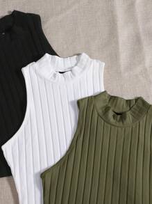 SHEIN EZwear 夏季純色肋條針織休閒圓領背心 - 軍綠色 - 查看 4