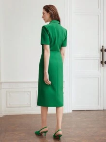 MOTF PREMIUM WOVEN SOLID COLOR WOMEN'S DRESS WITH POINTED LAPEL AND BUTTON - Green - View 4