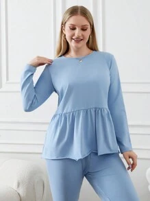 RueChic Plus Size Solid Color Ruffle Hem Top And Pants Set - Blue - View 4