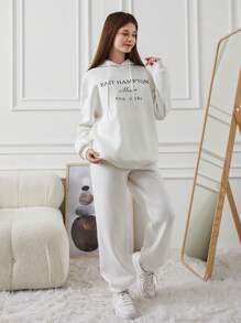 RueChic Teen Girl Slogan Printed Drawstring Hoodie And Sweatpants Two-Piece Set