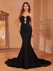 Faeriesty Formalna sukienka tuba z siateczkową wstawką i dołem w kształcie syreny - Czarne - Zobacz 3