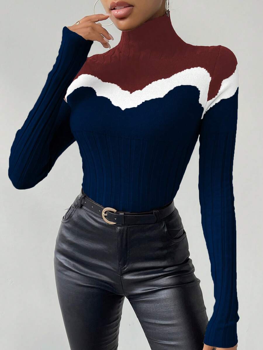 Chiquease Áo len cổ cao phối màu dành cho nữ, thích hợp cho mùa thu đông. - Màu xanh hải quân - Xem 1