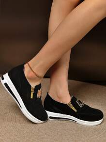 女士时尚休闲运动鞋，拉链装饰，秋季新款，低帮，个性化，加大码，女式运动鞋 - 黑色 - 查看 6