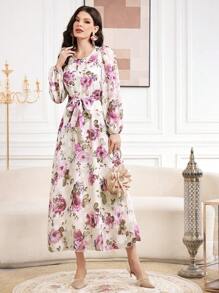 Modelyn Women's Belted Floral Print Puff Sleeve Dress