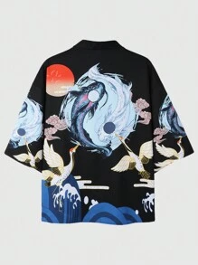 Manfinity Hypemode Men'S Crane & Fish Print Kimono Shirt - Black - View 1