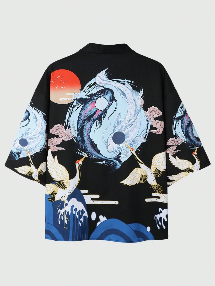 Manfinity Hypemode Men'S Crane & Fish Print Kimono Shirt - Black - View 1