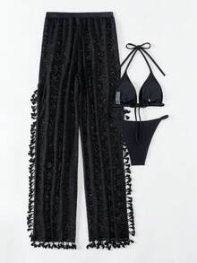 SHEIN Swim 純色三角杯比基尼套裝+流蘇裝飾游泳褲 - 黑色 - 查看 4