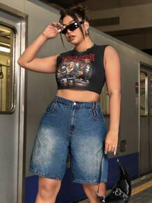 SHEIN ICON Plus Size High Waist Washed Denim Shorts - Blue - View 5