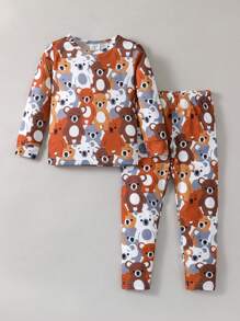 Young Boy Cartoon Bear Print 2pcs Snug Fit Sleepwear Set Matching Set - Multicolor - View 1