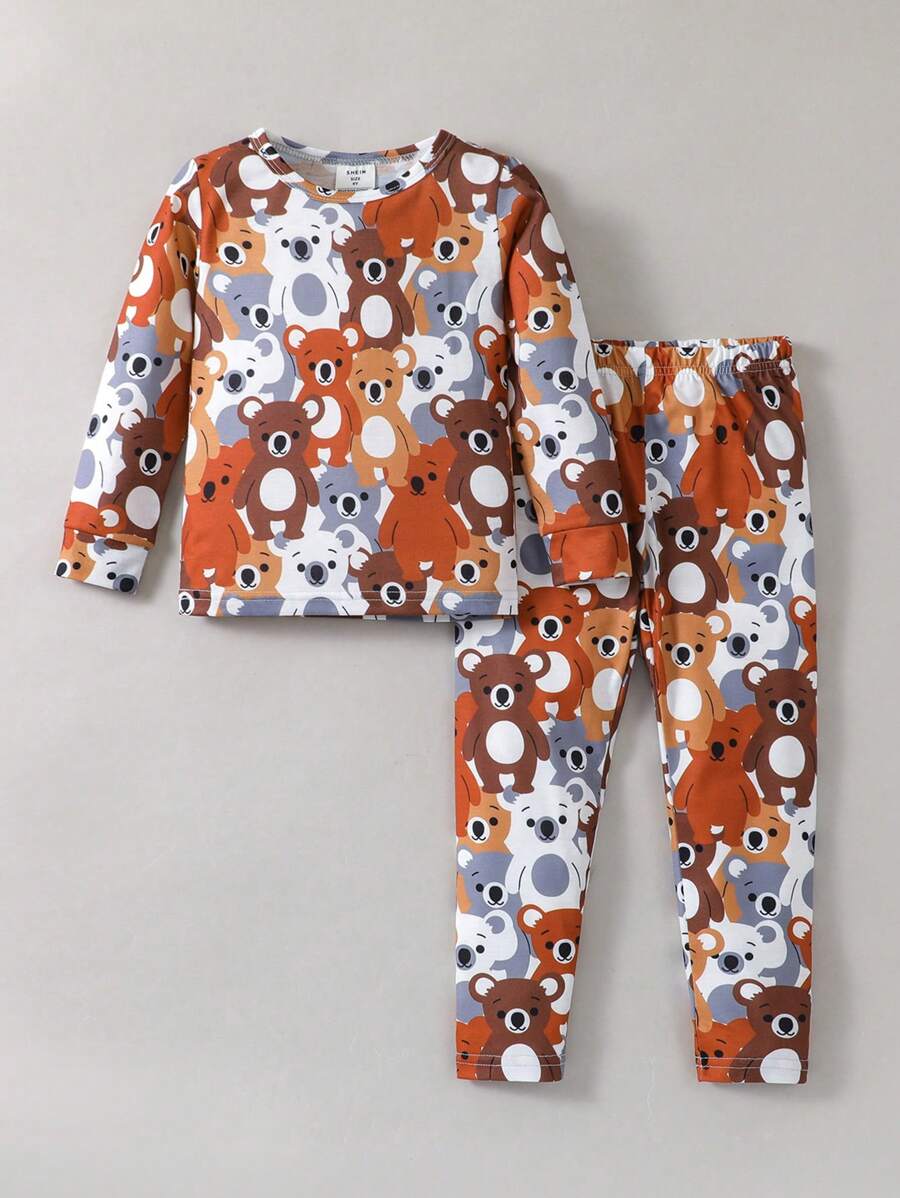 Young Boy Cartoon Bear Print 2pcs Snug Fit Sleepwear Set Matching Set - Multicolor - View 1
