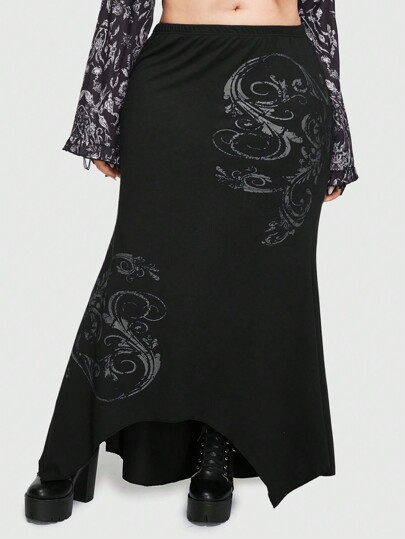 Goth Jupe imprimée de plante à ourlet asymétrique pour femmes en grandes tailles