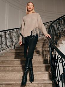 Anewsta Women's Fringe Batwing Sleeve Pullover Knit Pullover Fall Winter Sweater - Khaki - View 3