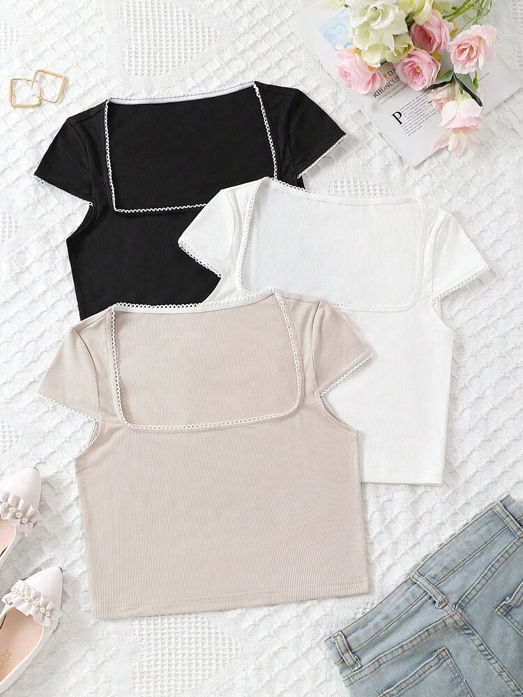Women's Solid Color Square Neck T-Shirt