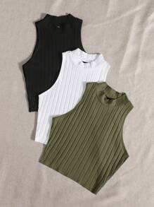 SHEIN EZwear 夏季純色肋條針織休閒圓領背心 - 軍綠色 - 查看 3